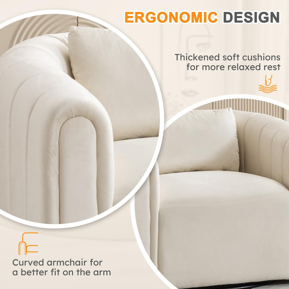 ANJ Swivel Barrel Chair Set of 2 with Plump Pillow, Modern Channel Dutch Velvet Accent Chair, Comfy Round Armchair, Swivel Accent Chair for Nursery Living Room Bedroom (Beige) ANJ