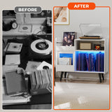 MULEJYBO Large White Record Player Stand with Sliding Door,350 Vinyl Record Storage Cabinet, Record Player Table with Power Outlet and LED Light,Turntable Stand with Wood Legs for Living Room,Office MULEJYBO