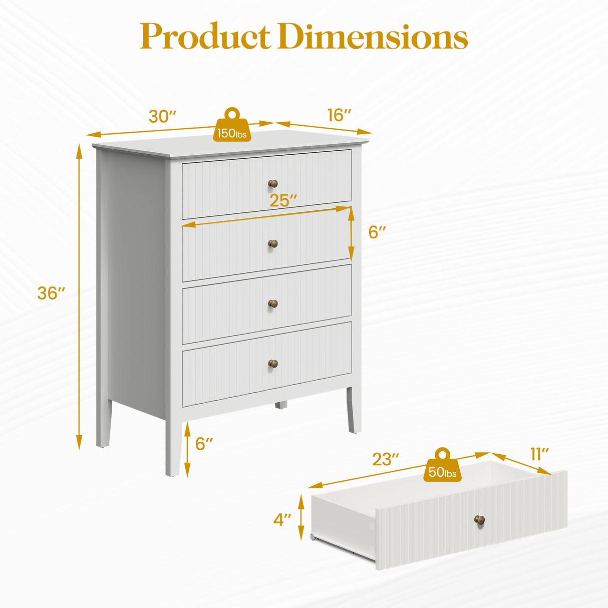 RoyalCraft White Fluted 4 Drawer Dresser for Bedroom, Modern Chest of Drawers, Wood Dresser for Storage Clothes, Wooden Storage Cabinet Nightstand for Bedroom, Hallway, Living Room, Entryway RoyalCraft