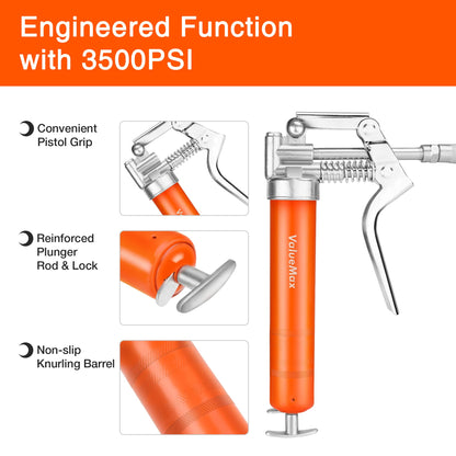 ValueMax Mini Grease Gun Kit (3500 PSI) with 3 OZ Grease, 12'' Flexible Hose, 5'' & 3” Extension Tubes, Pistol Grip, Reinforced Construction, Fit for Automotive, Marine, Industrial - WoodArtSupply