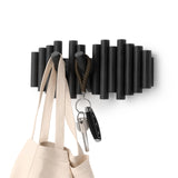 Umbra Picket Wall-Mounted Coat Rack Rail Hook with 5 Retractable Wood Pegs – Modern, Space-Saving Storage Organizer, Black Umbra