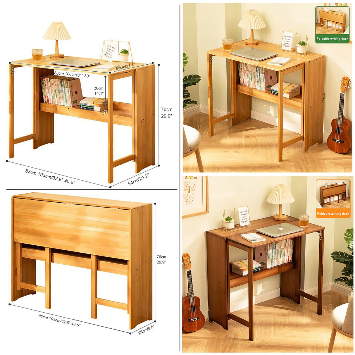 SUZEPER Solid Wood Folding Desk,Mid Century Modern Desk,Foldable Writing Computer Desk for Home Office,Study Desk with Storage Shelf for Small Spaces(103cm/40.5", Natural) SUZEPER
