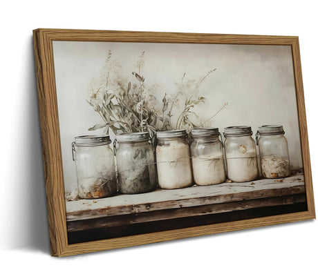 Framed Vintage Kitchen Canvas Wall Art, Rustic Farmhouse Mason Jar Pictures Wall Decor, Country Spice Still Life Paintings Prints Home Decor Artwork for Dining Room 12x16 inch YSGGTR