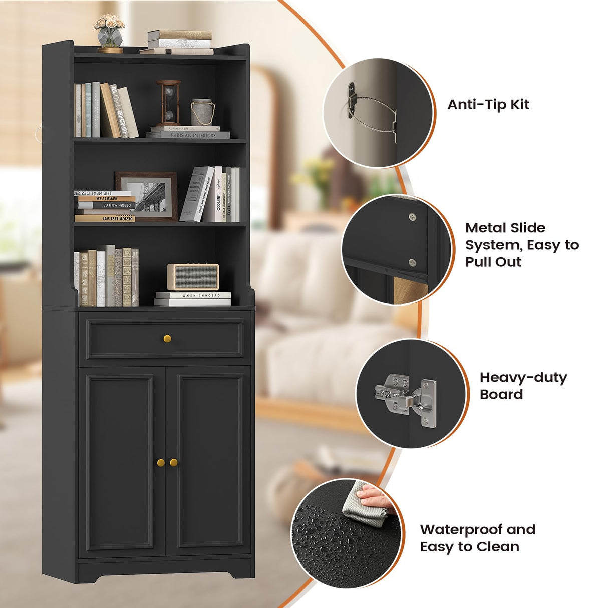 Hasuit Bookshelves and Bookcase with Doors and Drawer & Shelves, 73 in Tall Bookshelf with Storage, Floor Standing 7 Shelf Display Cabinet Bookshelf Storage Cabinet for Home Office, Living Room, Black Hasuit