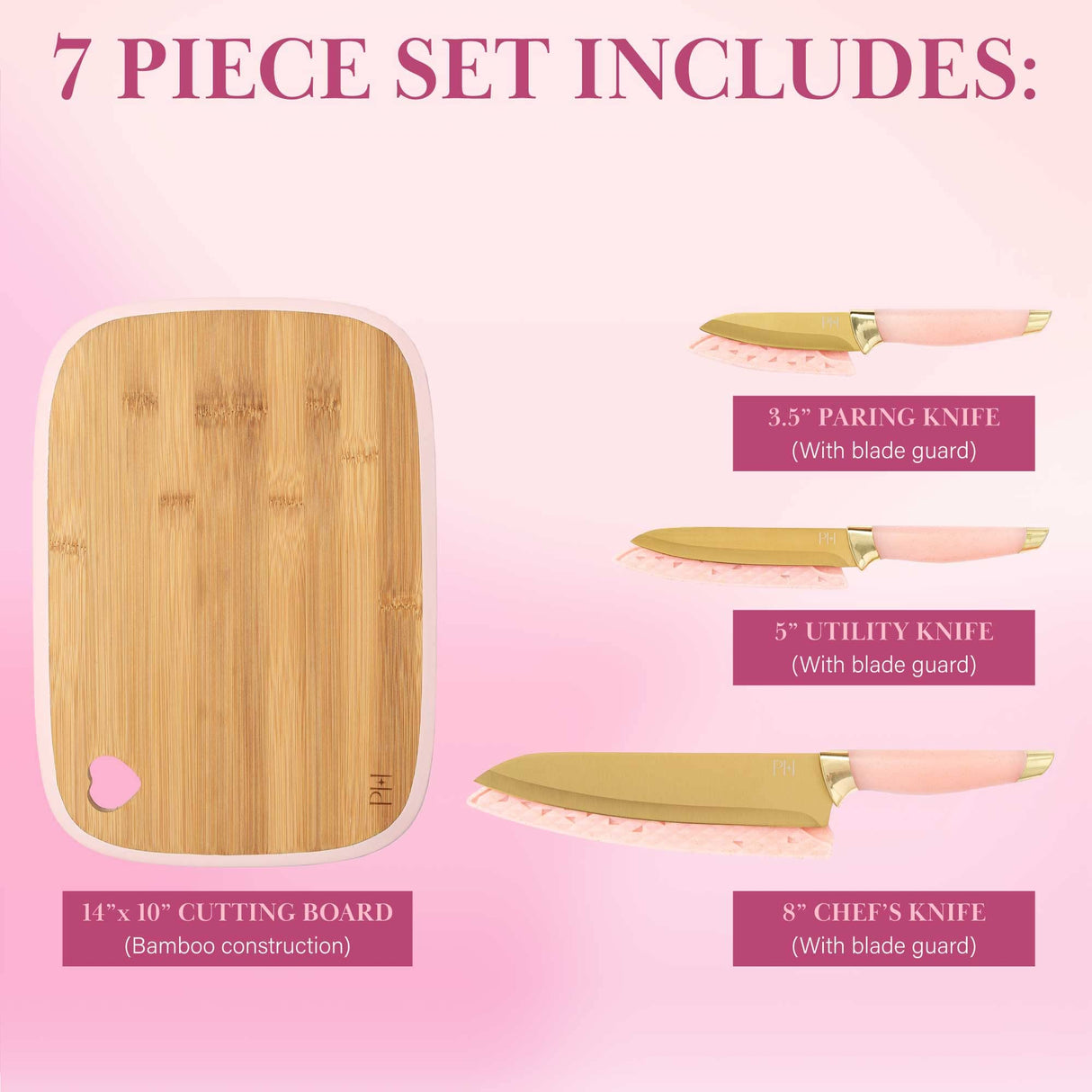 Paris Hilton Reversible Bamboo Cutting Board and Cutlery Set with Matching High Carbon Stainless Steel Knives, Blade Guards, Sleek Yet Comfortable Handle Grips, 7-Piece Set Gold, Pink Paris Hilton