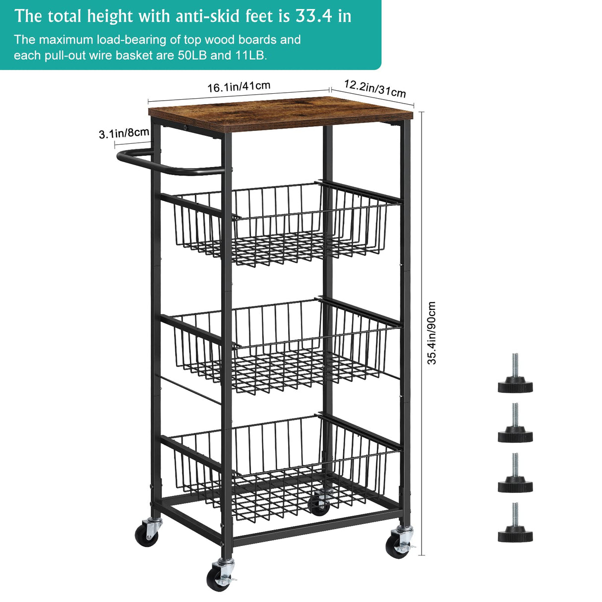 Kitchen Storage Cart on Wheels 4 Tier Utility Rolling Cart with Baskets Farmhouse Serving Cart with Handle Mesh Basket Pantry Cart Rack with Wooden Tabletop for Pantry Bathroom Office, Brown CADUKE