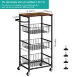 Kitchen Storage Cart on Wheels 4 Tier Utility Rolling Cart with Baskets Farmhouse Serving Cart with Handle Mesh Basket Pantry Cart Rack with Wooden Tabletop for Pantry Bathroom Office, Brown CADUKE