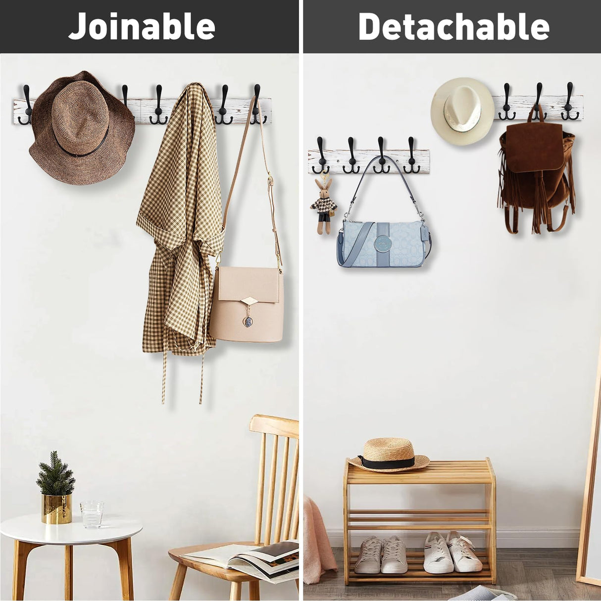 Kuhome 32.2'' Large Coat Rack Wall Mount Coat Hooks with 8 Metal Black Triple-Hooks Old White Pine Real Wood Plank Hat Rack for Wall Hooks Kuhome