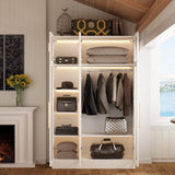 Hitow Wardrobe Cabinet with LED Light Strips, Armoire Closet with Glass Doors, Wooden Large Wardrobe with 5 Tiers Shelf & Hanging Rod, Modern Bedroom Armoire Clothes Organizer, White 47.2" W Hitow