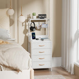 Furnulem White Tall Nightstand, LED Night Stand with Charger Station and Storage Shelves, 4 PU Finish Fabric Storage Drawers, Bedside Table, Bed Side Table for Bedroom,Dorm,Office Furnulem