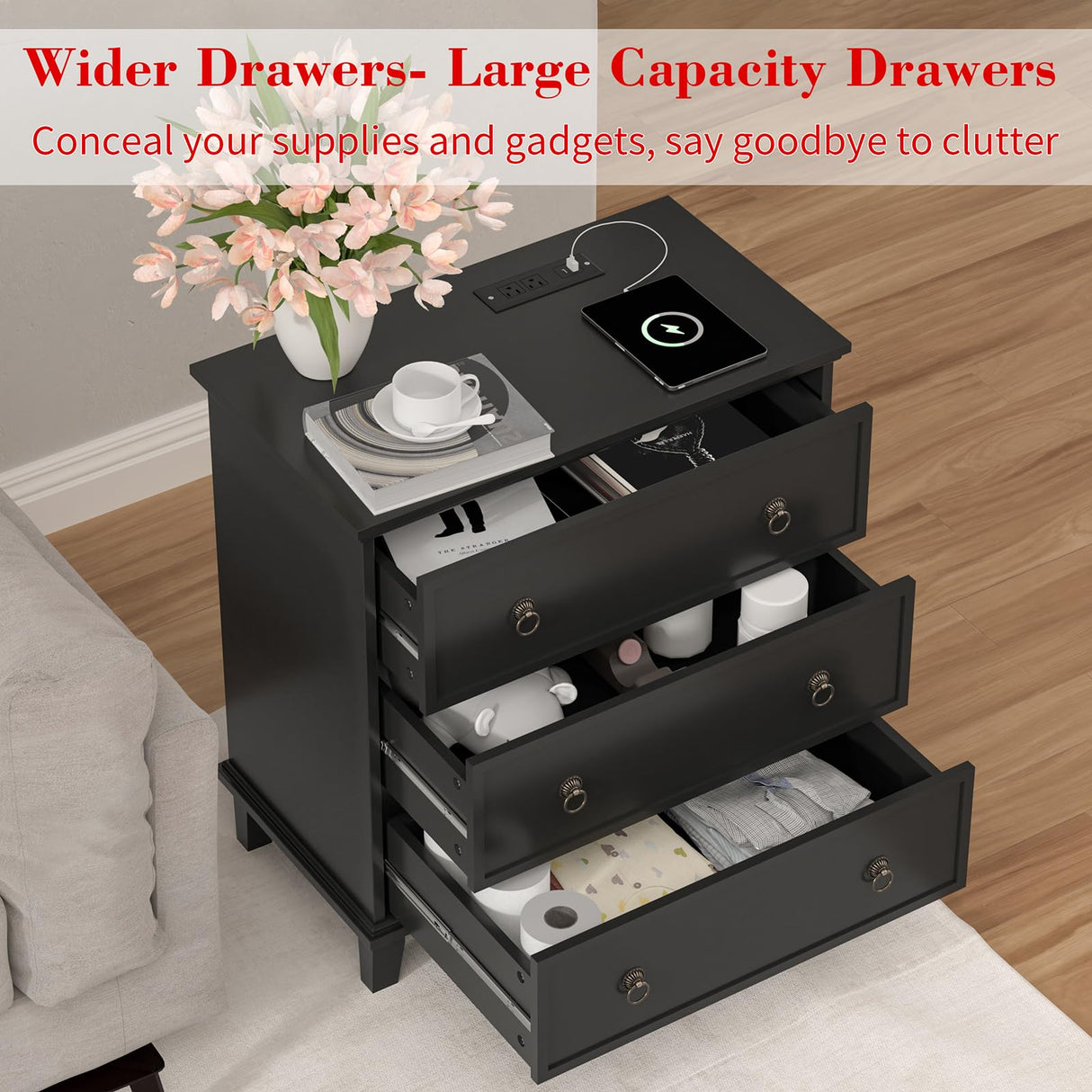 COWMOU 27.6 Inch Wide Nightstand Set of 2 with Charging Station, 3 Drawers Nightstand for Bedroom, Wooden Black Large Bedside End Table for Living Room, Bedroom, Study, Office COWMOU