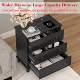 COWMOU 27.6 Inch Wide Nightstand Set of 2 with Charging Station, 3 Drawers Nightstand for Bedroom, Wooden Black Large Bedside End Table for Living Room, Bedroom, Study, Office COWMOU