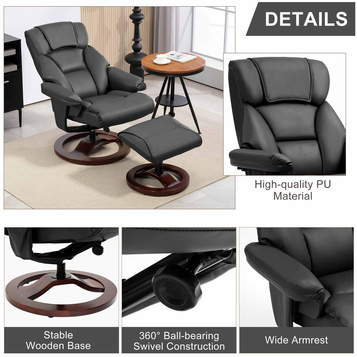 HOMHUM Swivel Recliner Chair with Ottoman, Adjustable Faux Leather Chair, Reclining Chair with Solid Wood Base, Lazy Chair with Footrest for Living Room & Bedroom, Black HOMHUM