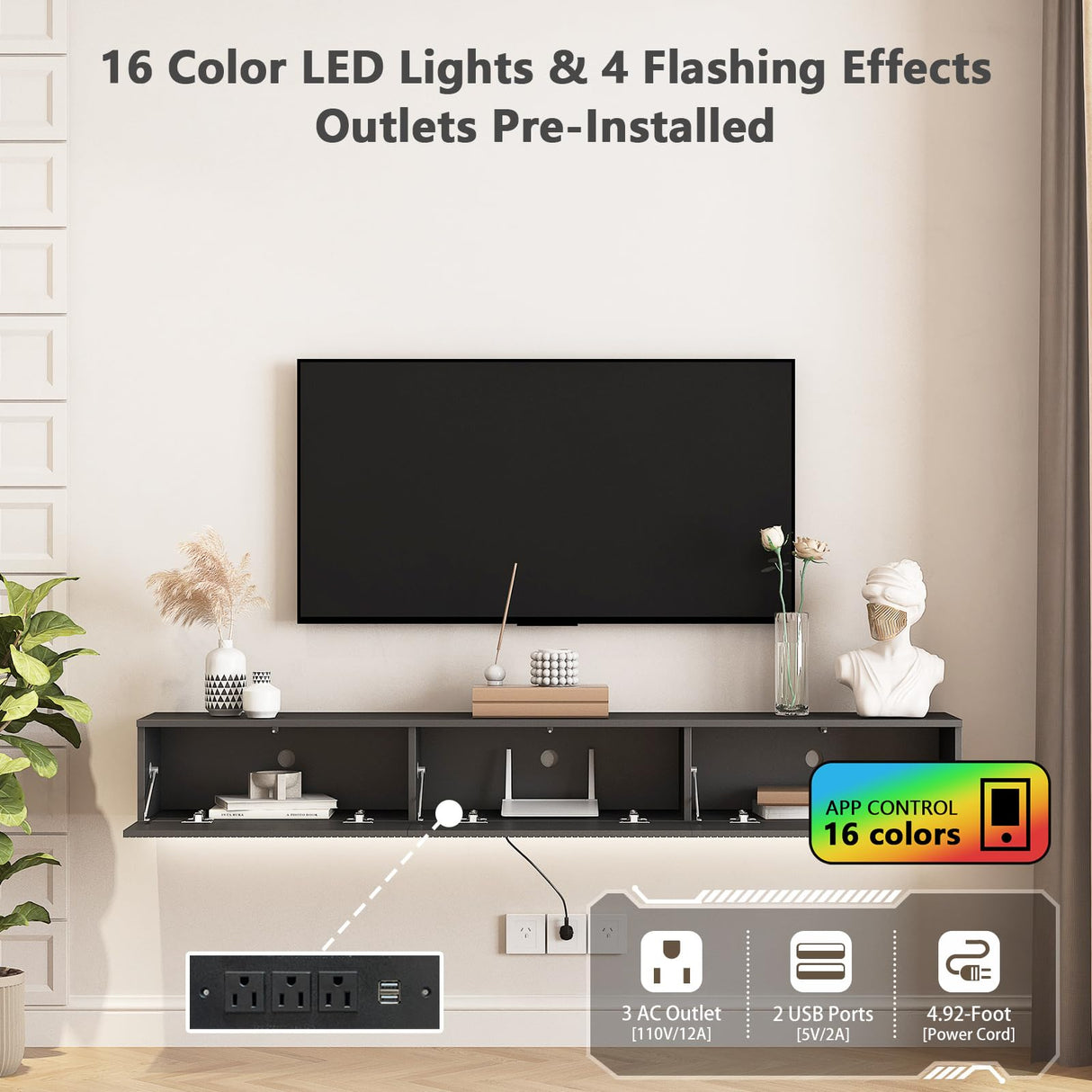 Resenkos Floating TV Stand, Wall Mounted TV Shelf with Led Lights & Power Outlet, Modern Entertainment Center with Storage, 68.8'' Media Console TV Stands for Living Room, Bedroom, Black Resenkos