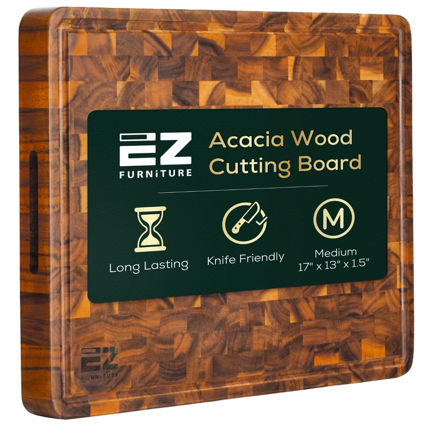 EZ FURNITURE 17 x 13 Inch Acacia Wood Cutting Board, End Grain with Juice Groove and Handles, Knife Friendly, Reversible, Suitable for Chopping Meat, Vegetables, Aesthetics for The Kitchen