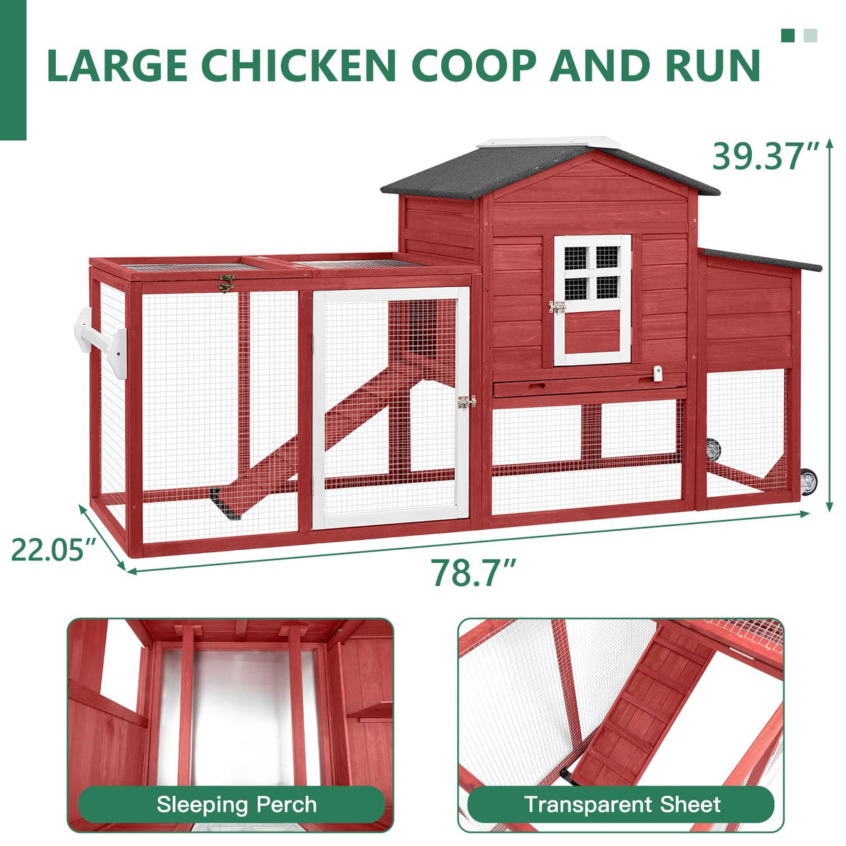 Magazoopet 79" L Chicken Coop with Run, Mobile Chicken Hen House with Nesting Boxes, Wheels, Outdoor Indoor Rabbit Hutch, Poultry Cage for Chickens Ducks Bunny with Removable Tray, Ramp (Red) Magazoopet