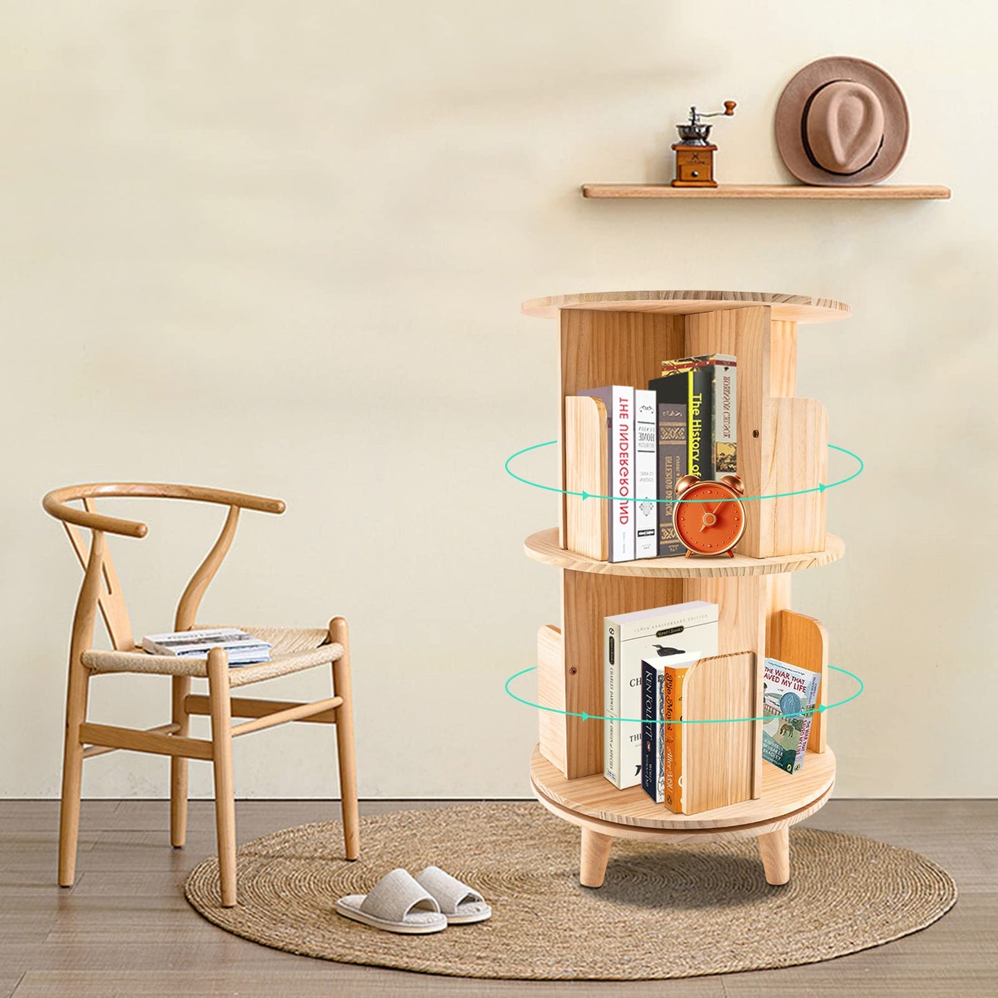 Bazargame 360° Rotating 2-Tier Wood Bookshelf Organizer for Home and Office - WoodArtSupply