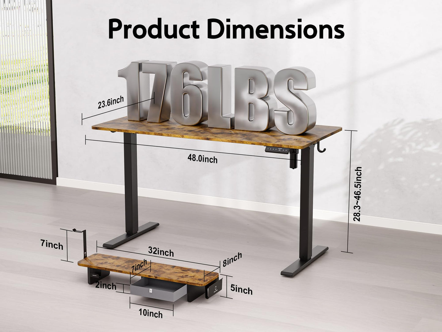 WALKINGDESK 48x24 Inches Electric Standing Desk with Drawer and Monitor Stand, Height Adjustable Stand up Desk for Home Office, Ergonomic Sit to Stand Desk with Phone Holder, 3 Hooks, Rustic Brown