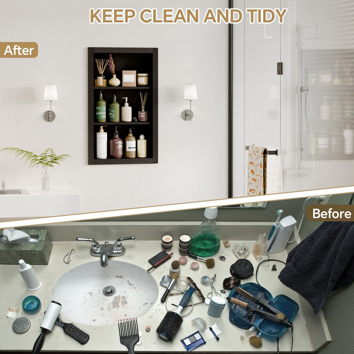 HAIDAIYA 14'' * 24'' Recessed Medicine Cabinet Wall Niche Wood, 3-Tier Bathroom Niche Insert for Drywall, in Wall Shelf Medicine Cabinets Replacement, for Living Room, Bathroom Storage, Black HAIDAIYA