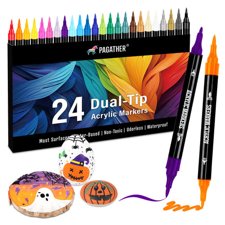 Pagather 24 Colors Acrylic Paint Markers, Dual Tip with Fine Tip and Brush Tip Pens for Stone, Wood, Calligraphy, Canvas, Ceramic, Metal, Glass, Rock Painting, DIY Crafts Pagather