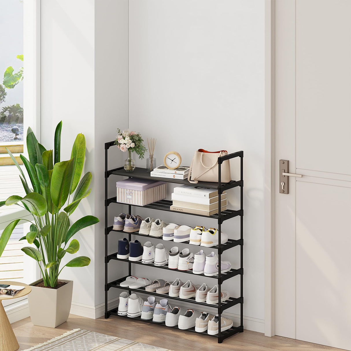 Calmootey 6-Tier Shoe Rack, Tall Large Capacity 30 Pairs Shoes Storage Organizer, Stackable Wide Shoe Shelf for Entryway, Hallway, Black Calmootey