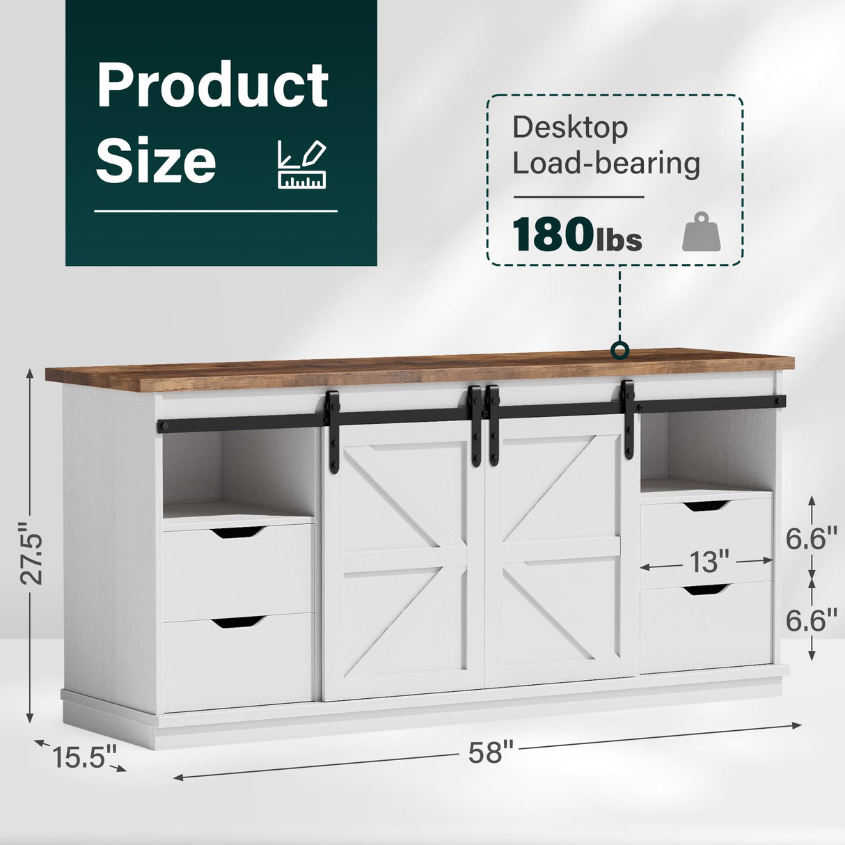 JUMMICO TV Stand with 4 Drawers for 65 Inch TV, Entertainment Center with Storage Cabinets and Sliding Barn Doors, Mid Century Modern Media TV Console Table for Living Room Bedroom (Bright White) JUMMICO