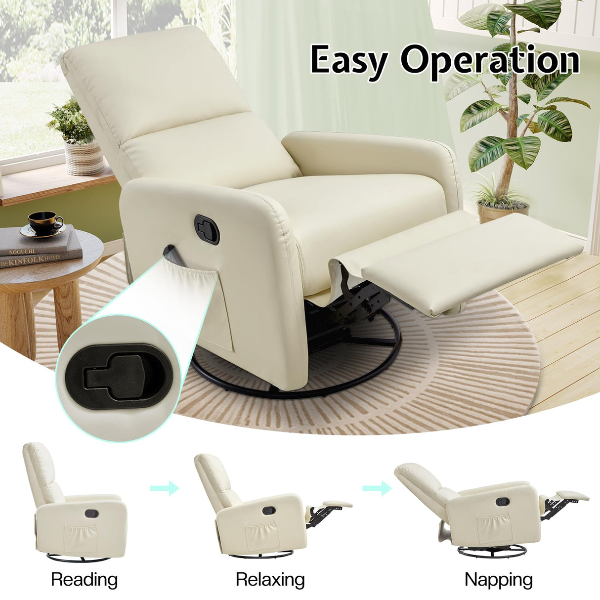 Jocisland Swivel Rocker Recliner Chair for Adults, Nursery Rocking Reclining with High Back, Small Glider for Small Spaces/Living Room/Bedroom/Nursing, Cream Leather Jocisland