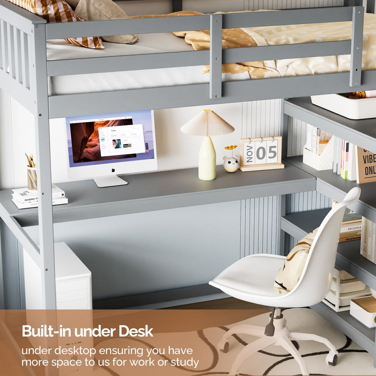 JOYMOR Bunk Bed with Desk and 4-Layer Shelves, Loft Bed Twin Size with Under Desk and Bookcase Storage, Twin Bed Frame for Kids, Adults& Young Teens JOYMOR