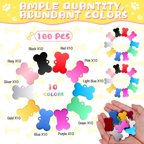 100 Pcs Blank Dog Pet Tags for Engraving 38MM Aluminum Bone Shape Name Tag Colorful Double Sided Dog Cat Phone Number Tag Pendants Roowest