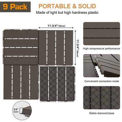 Goovilla Plastic Interlocking Deck Tiles, 9 Pack Patio Deck Tiles, 12"x12" Waterproof Outdoor Flooring All Weather Use, Patio Floor Decking Tiles for Porch Poolside Balcony Backyard, Dark Coffee