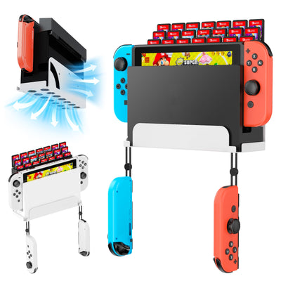 KUNSLCUK Wall Mount for Switch and Switch OLED, Metal Wall Mount Stand Accessories with 28 Game Cards Holder and 2 Joy-Con Hooks, Safely Mount your Switch on Wall Near TV (White)