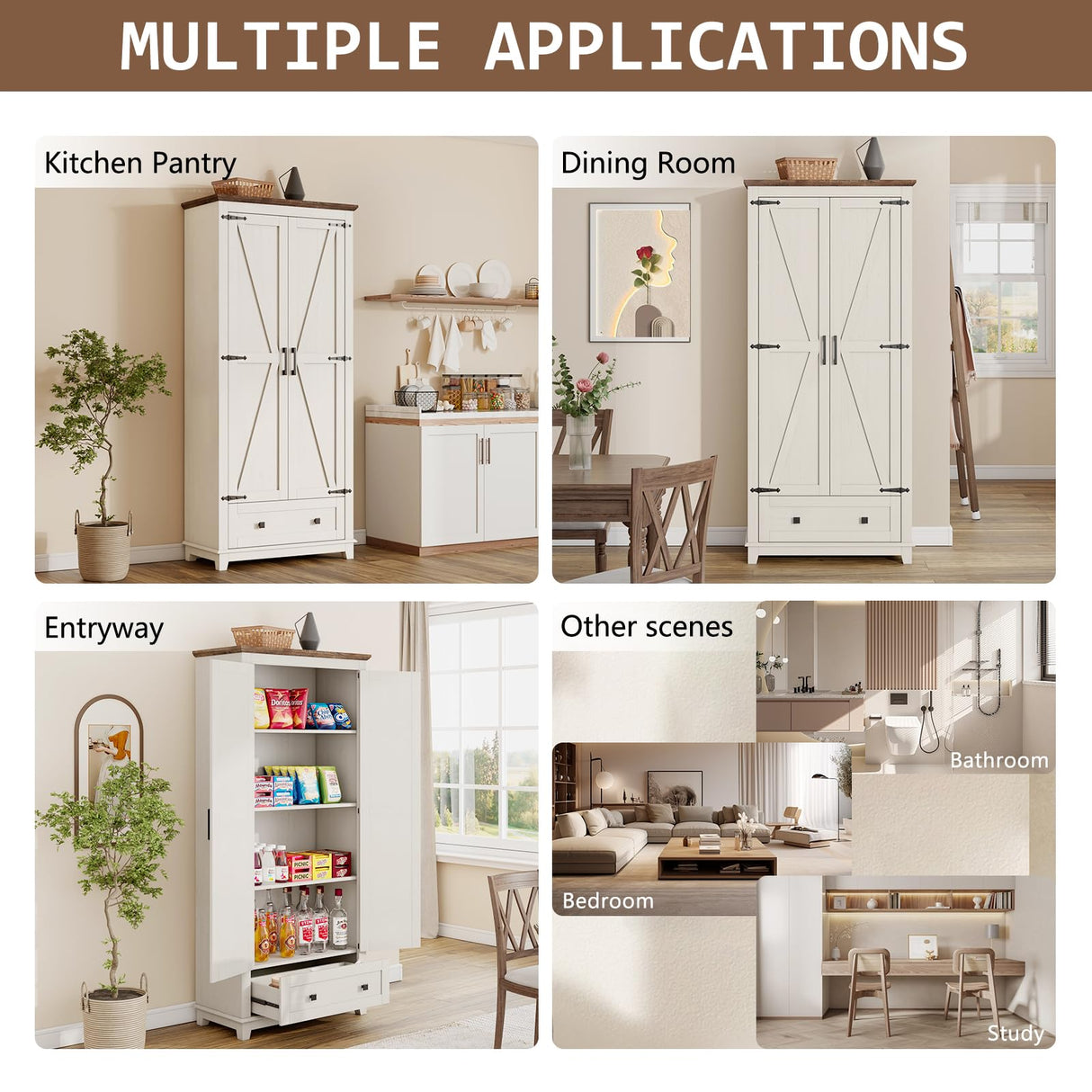 LUXOAK Farmhouse Kitchen Pantry Cabinet, 72" Tall Storage Cabinet with Adjustable Shelves & Barn Doors, Freestanding Kitchen Cupboard for Dining Room, Living Room, Barnwood+White LUXOAK