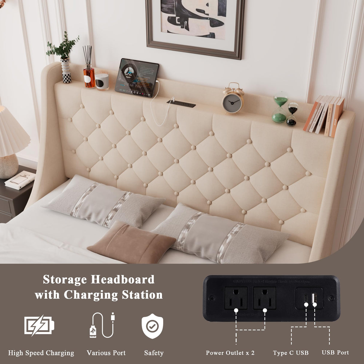 Feonase Upholstered Queen Bed Frame with 4 Storage Drawers, Charging Station and Tufted Wingback Storage Headboard, No Box Spring Needed, Easy Assembly, Beige Feonase