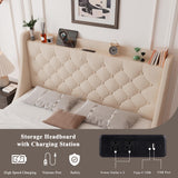 Feonase Upholstered Queen Bed Frame with 4 Storage Drawers, Charging Station and Tufted Wingback Storage Headboard, No Box Spring Needed, Easy Assembly, Beige Feonase