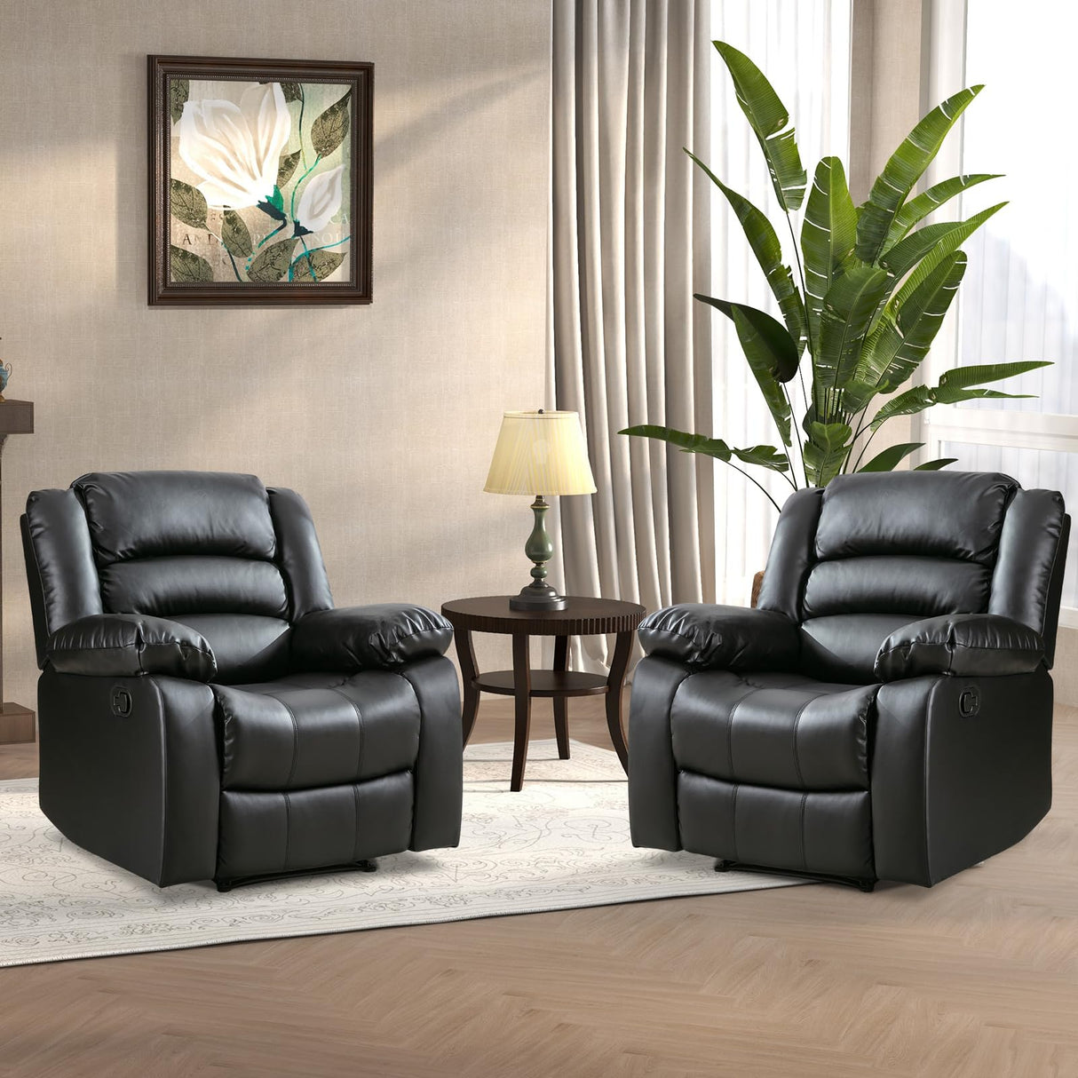 ANJ Black Recliner Chair Set of 2, with Overstuffed Arm and Back, Breathable Faux Leather Manual Reclining Chairs, Living Room Single Sofa Recliners ANJ
