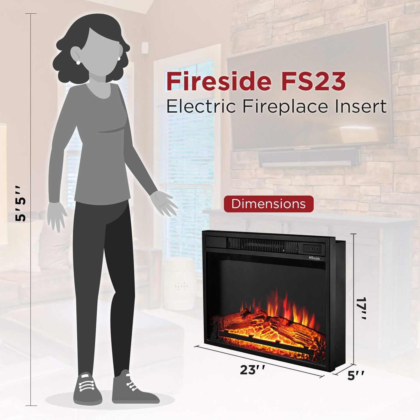 TURBRO Fireside FS23 Realistic Flames Electric Fireplace, Remote Control, 3 Adjustable Brightness Flames