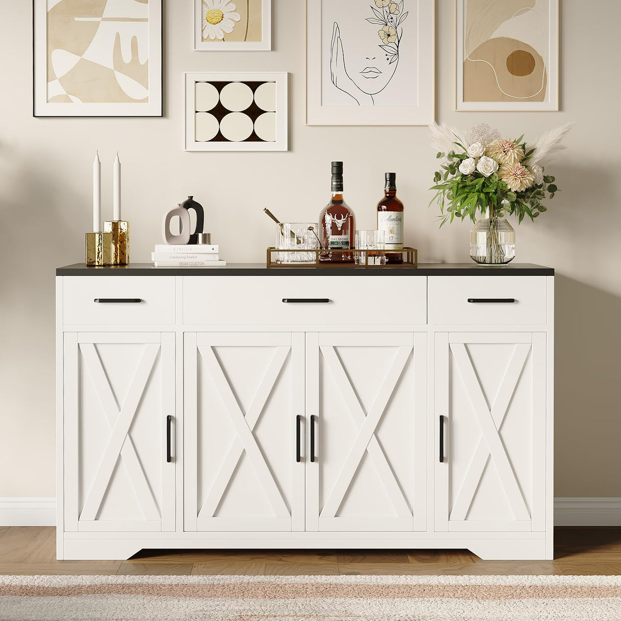 SLEKVERSA 55" Sideboard with Storage Kitchen Storage Cabinet with 3 Drawers, Modern Large Wood Farmhouse Buffet Cabinet TV Stand Coffee Bar for Living Room Hallway SLEKVERSA