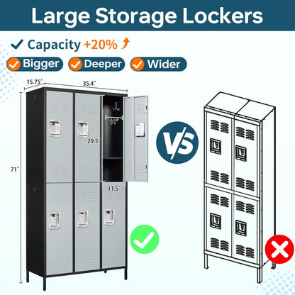 MIIIKO 2 Tier Metal Lockers 3-Wide, 72" x 36" x 16" Storage Locker Units with 6 Compartments, Large Employee Locker with Shelves, Lockable Doors and - WoodArtSupply