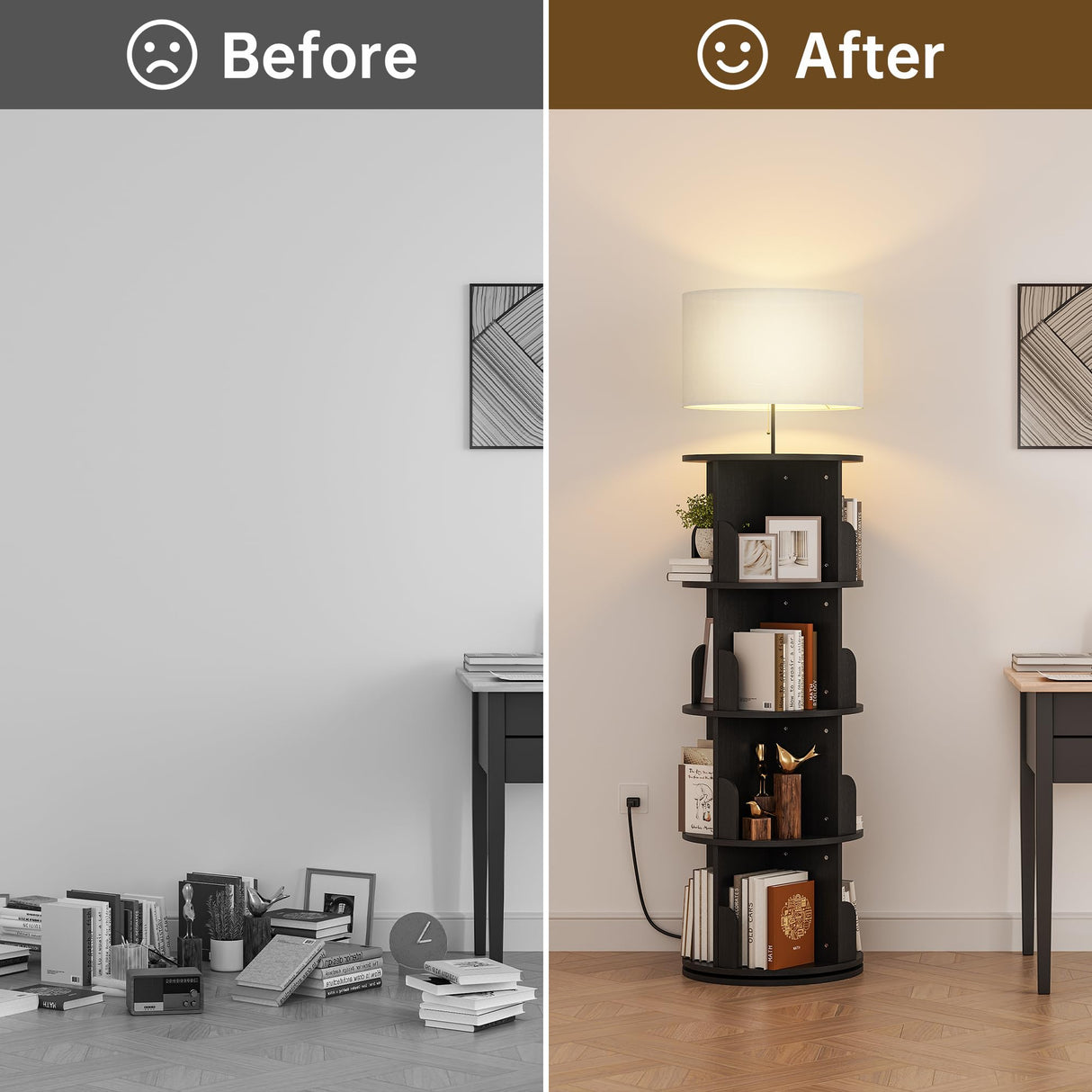 iabifo Rotating 4-Tier Bookshelf with Adjustable Light, 360° Spinning Bookcase Tower, Tall Floor Standing Book Shelf for Bedroom, Living Room, Office, Black iabifo