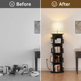 iabifo Rotating 4-Tier Bookshelf with Adjustable Light, 360° Spinning Bookcase Tower, Tall Floor Standing Book Shelf for Bedroom, Living Room, Office, Black iabifo