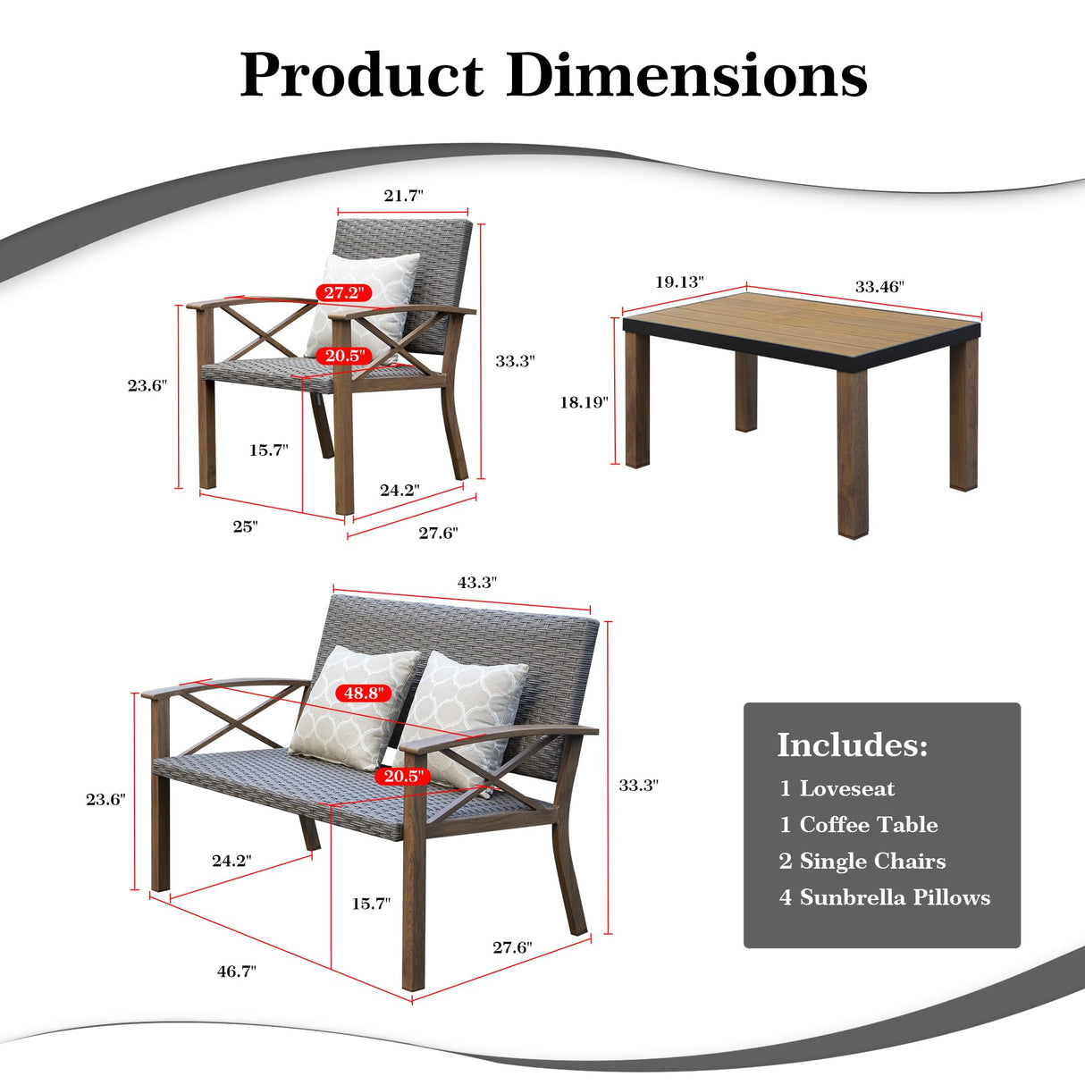 Domi Aluminum Patio Furniture Set, 4-Piece Modern Conversation Set with Cotton Padding Backrests and Seats, Outdoor Sectional Metal Sofa Set with 5.5 Inch Cushion and Coffee Table for Balcony, Garden domi outdoor living
