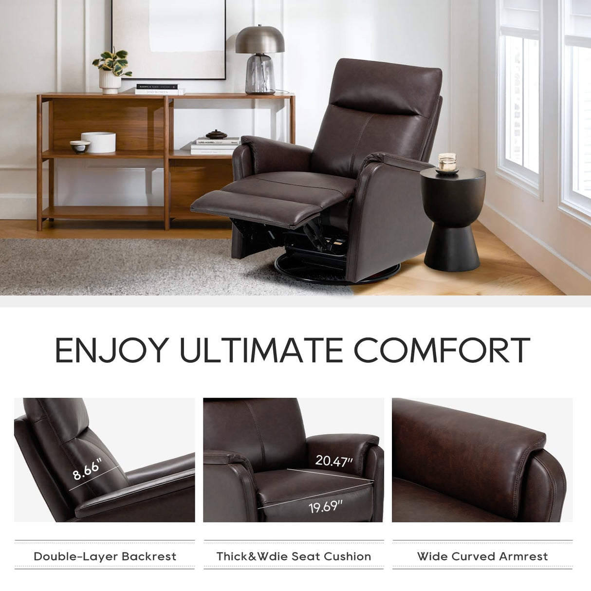 COLAMY Leather Swivel Recliner Chair with Footrest, Rocker Recliner Chair High Back with Double-Layer Cushion, Glider Recliner for Nursery & Living Room, Bedroom, Chocolate COLAMY