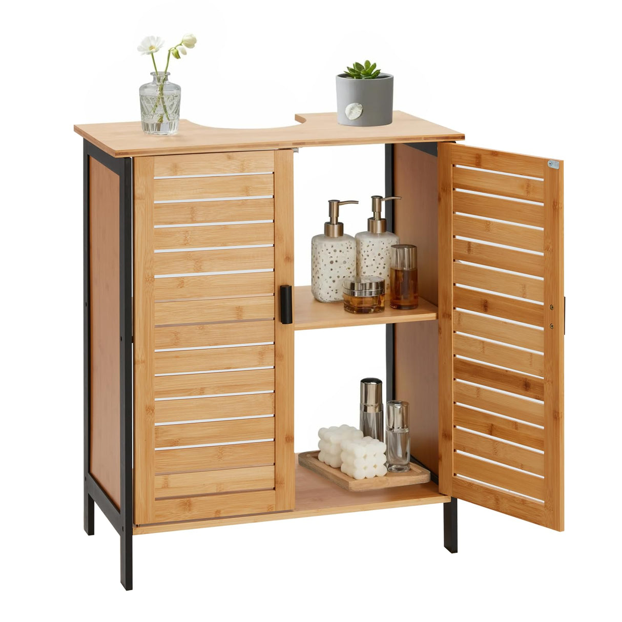 Danrelax 24" Bamboo Pedestal Under Sink Storage Vanity Cabinet, Solid Waterproof Sliding Door Bathroom Organizer with Adjustable Shelf, Modern Bathroom Furniture(Top Cutout, Not for Floor Drain) Danrelax