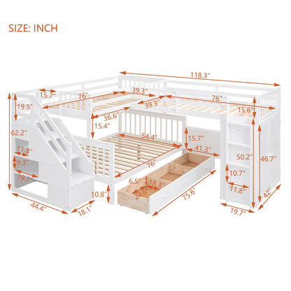 VilroCaz Modern L-Shaped Twin-Twin Over Full Bunk Bed with Staircase and 3 Storage Drawers, Solid Wood Triple Bed with Portable Desk and Wardrobe for Adults Teens Kids, Maximized Space (White-3t)