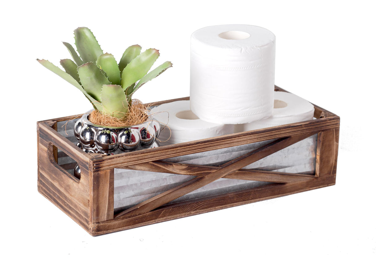 Venalys Wooden Toilet Tank Basket, Rustic Bathroom Decor Box, Farmhouse Toilet Paper Organizer Holder, Decorative Bathroom Storage Basket, Barn Door (Brown) Venalys