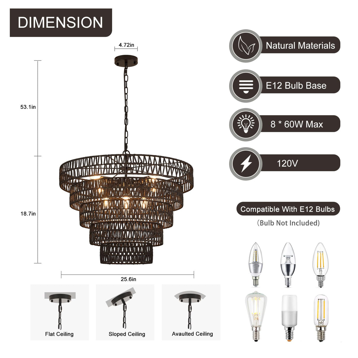 Widluth 25.6” Black Hand-Woven Rattan Chandelier Vintage Farmhouse 8-Lights Boho Large Bamboo Chandelier Light Fixture Retro 5-Tier Drum Wicker Chandelier for Dining Room, Kitchen, Bedroom, E12 Widluth