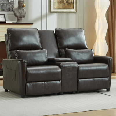 DRMBOOK 63'' RV Loveseat Recliner Sofa, Faux Leather Double Camper Couch 2 Seater Recliner with Console, Home Movie Theater Seating Chair, 2 Person Push Back Recliners for Living Room, Red & Brown