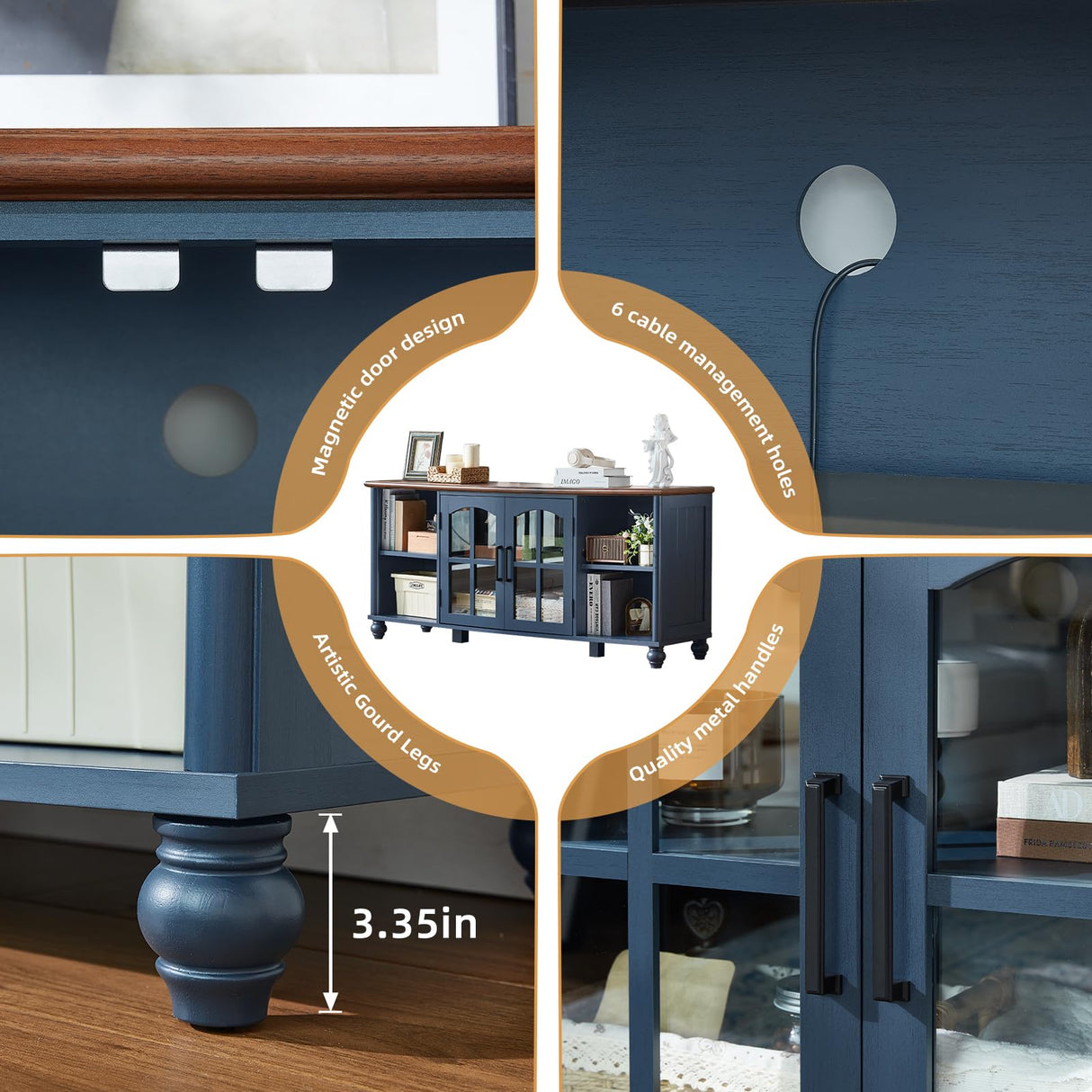 RWYHG Farmhouse TV Stand for 60 Inch TV, Wood Entertainment Center with Glass Door Storage Cabinet & Adjustable Shelves,Television Stands for 65" TVS, TV Console Table for Living Room,Bedroom,Blue RWYHG