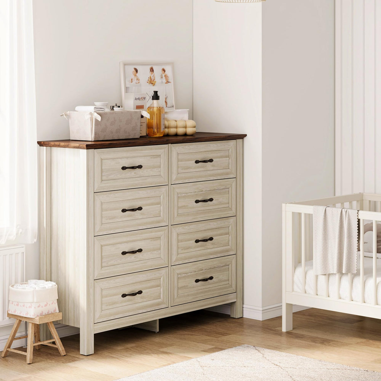 LINSY HOME Dresser for Bedroom with 8 Drawers, Updated Wide Chest of Drawers, Modern Farmhouse Bedroom Tall Dresser with Storage Organizer, Wooden Dressers for Living Room, Beige LINSY HOME