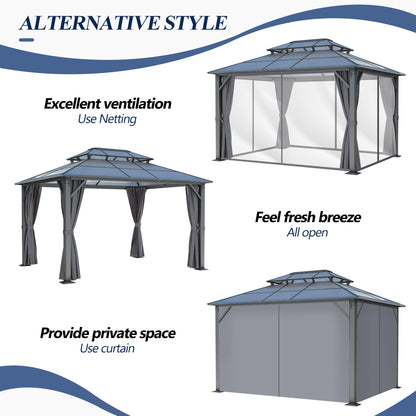 GARTOO 10’x12’ Patio Polycarbonate Canopy Gazebo, Outdoor Double Roof Gazebo with Steel Frame, Backyard Gazebo with Breathable Netting and Curtains - Perfect for Patio, Lawn, Garden, Poolside